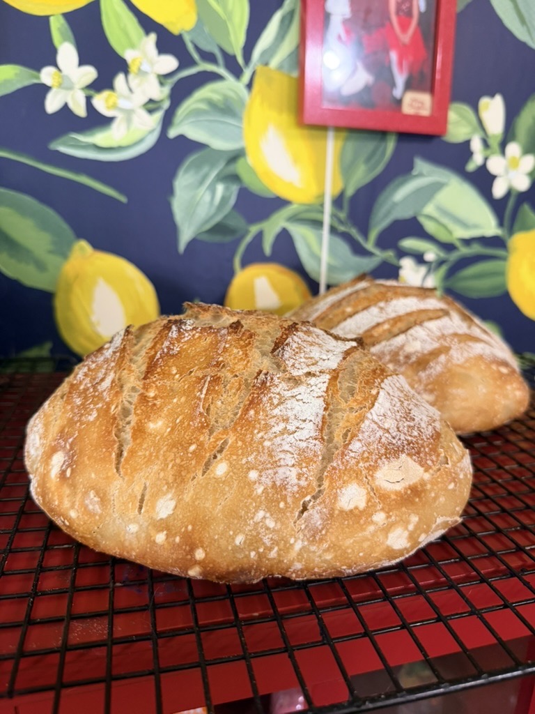 Freshly baked artisan sourdough loaves cooling on a rack